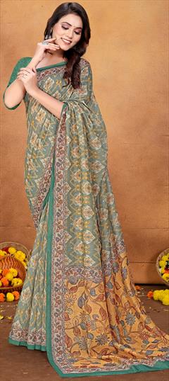 Traditional Blue color Saree in Chanderi Silk fabric with South Digital Print, Floral work : 1916754