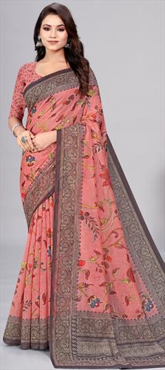Traditional Pink and Majenta color Saree in Chanderi Silk fabric with South Digital Print, Floral work : 1916756