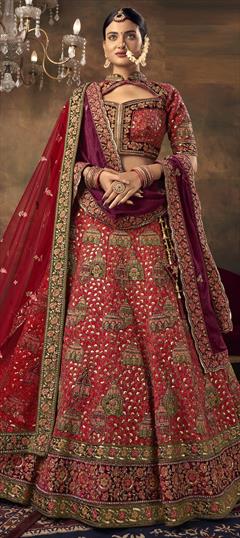 Bridal, Wedding Red and Maroon color Lehenga in Silk fabric with Flared Resham, Sequence, Thread work : 1916777