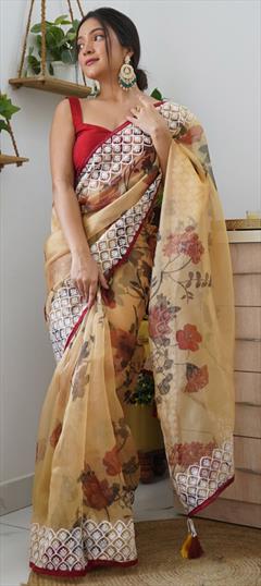 Festive, Reception, Traditional Beige and Brown color Saree in Organza Silk fabric with Classic Embroidered, Floral, Printed, Thread work : 1916783