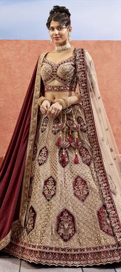 Bridal, Wedding Beige and Brown color Lehenga in Velvet fabric with Flared Resham, Sequence, Thread work : 1916786