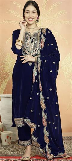 Mehendi Sangeet, Reception, Wedding Blue color Salwar Kameez in Velvet fabric with Pakistani, Straight Resham, Sequence, Thread work : 1916815