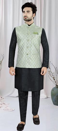 Party Wear Black and Grey color Kurta Pyjama with Jacket in Silk fabric with Weaving work : 1916818