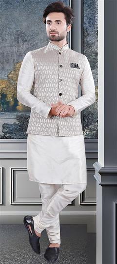 Party Wear White and Off White color Kurta Pyjama with Jacket in Silk fabric with Weaving work : 1916819