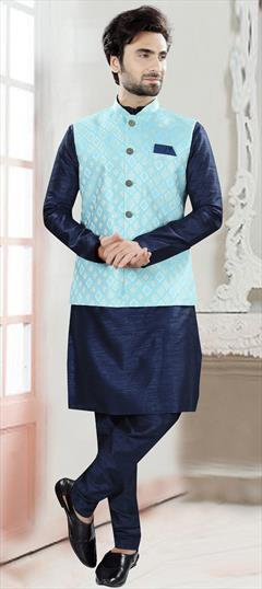 Party Wear Blue color Kurta Pyjama with Jacket in Silk fabric with Weaving work : 1916820