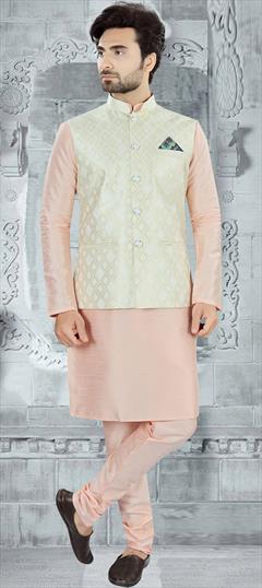 Party Wear Pink and Majenta color Kurta Pyjama with Jacket in Silk fabric with Weaving work : 1916821