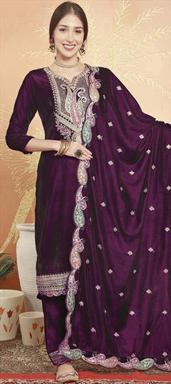 Mehendi Sangeet, Reception, Wedding Purple and Violet color Salwar Kameez in Velvet fabric with Pakistani, Straight Resham, Sequence, Thread work : 1916822