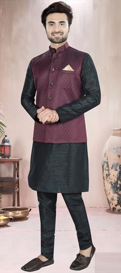 Party Wear Black and Grey color Kurta Pyjama with Jacket in Silk fabric with Weaving work : 1916824