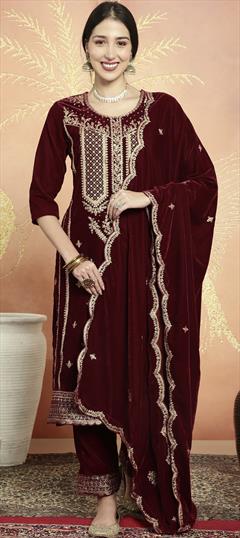 Mehendi Sangeet, Reception, Wedding Red and Maroon color Salwar Kameez in Velvet fabric with Pakistani, Straight Resham, Sequence, Thread work : 1916825