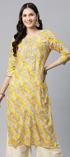 Festive, Summer Yellow color Kurti in Rayon fabric with Long Sleeve, Straight Embroidered, Gota Patti, Lehariya, Printed, Resham work : 1916846