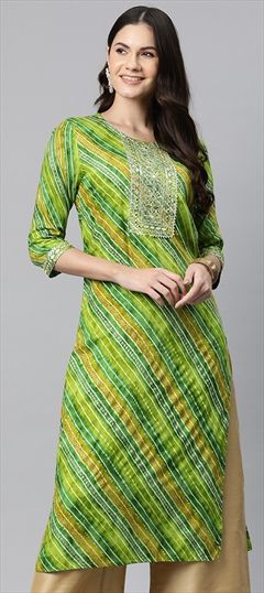 Festive, Summer Green color Kurti in Rayon fabric with Long Sleeve, Straight Embroidered, Gota Patti, Lehariya, Printed, Resham work : 1916847