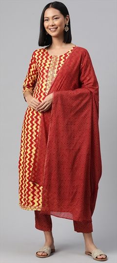 Festive, Summer Red and Maroon color Salwar Kameez in Rayon fabric with Straight Bandhej, Printed, Resham, Thread work : 1916864