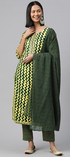 Festive, Summer Green color Salwar Kameez in Rayon fabric with Straight Bandhej, Printed, Resham, Thread work : 1916865