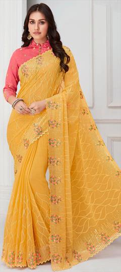 Bollywood, Festive, Party Wear, Traditional Yellow color Saree in Organza Silk fabric with Classic Embroidered, Resham, Sequence, Thread work : 1916893