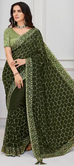 Bollywood, Festive, Party Wear, Traditional Green color Saree in Organza Silk fabric with Classic Embroidered, Resham, Sequence, Thread work : 1916895