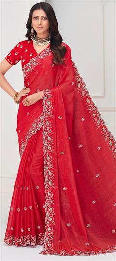 Bollywood, Festive, Party Wear, Traditional Red and Maroon color Saree in Organza Silk fabric with Classic Embroidered, Resham, Sequence, Thread work : 1916896