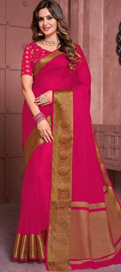 Party Wear, Traditional Pink and Majenta color Saree in Organza Silk, Silk fabric with South Weaving work : 1916911