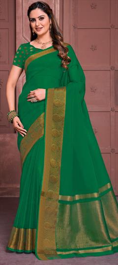 Party Wear, Traditional Green color Saree in Organza Silk, Silk fabric with South Weaving work : 1916912