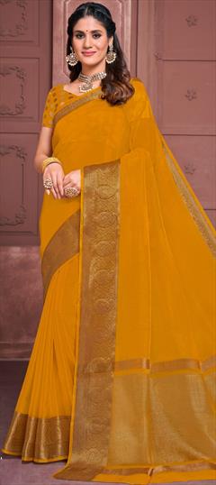 Party Wear, Traditional Yellow color Saree in Organza Silk, Silk fabric with South Weaving work : 1916913
