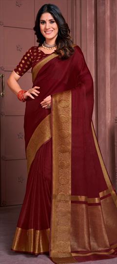 Party Wear, Traditional Red and Maroon color Saree in Organza Silk, Silk fabric with South Weaving work : 1916914