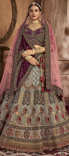 Bridal, Wedding Black and Grey color Lehenga in Velvet fabric with Flared Embroidered, Resham, Sequence, Thread, Zari work : 1916965