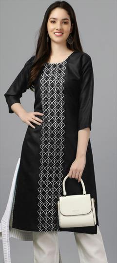 Casual, Festive, Party Wear Black and Grey color Kurti in Cotton fabric with Long Sleeve, Straight Embroidered work : 1917005