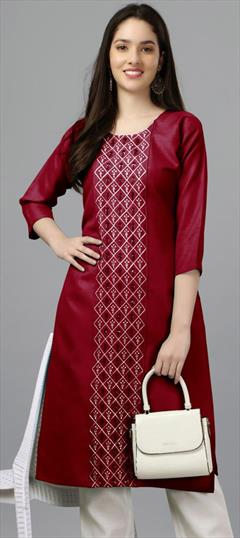Casual, Festive, Party Wear Red and Maroon color Kurti in Cotton fabric with Long Sleeve, Straight Embroidered work : 1917007