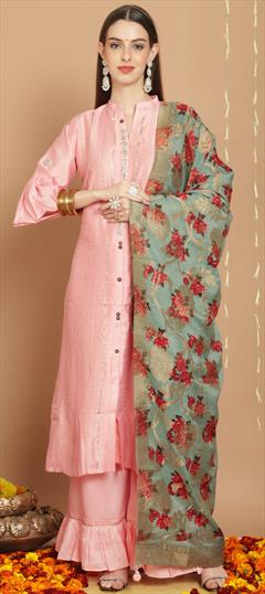 Festive, Party Wear Pink and Majenta color Salwar Kameez in Chanderi Silk fabric with Palazzo, Straight Lace, Zardozi work : 1917008