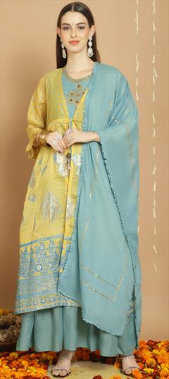 Festive, Party Wear Yellow color Salwar Kameez in Chanderi Silk fabric with Palazzo, Straight Lace, Zardozi work : 1917010