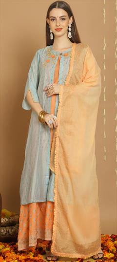 Festive, Party Wear Blue color Salwar Kameez in Chanderi Silk fabric with Palazzo, Straight Lace, Zardozi work : 1917014