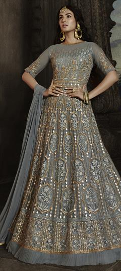 Festive, Party Wear, Wedding Black and Grey color Salwar Kameez in Net fabric with Anarkali Embroidered work : 1917033
