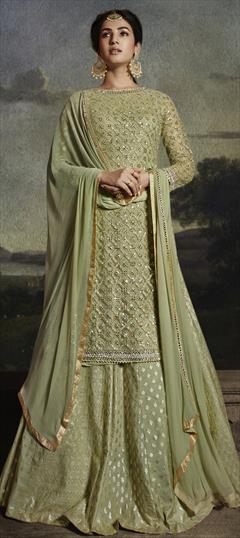 Festive, Party Wear, Wedding Green color Salwar Kameez in Net fabric with Anarkali Embroidered work : 1917038