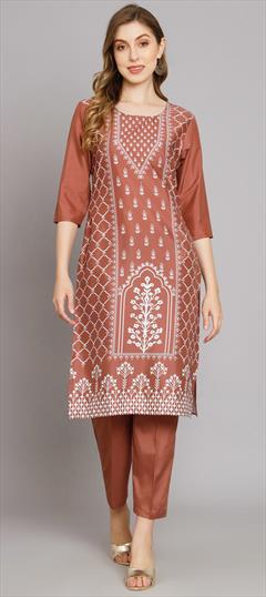 Festive, Party Wear Beige and Brown color Salwar Kameez in Crepe Silk fabric with Printed work : 1917044