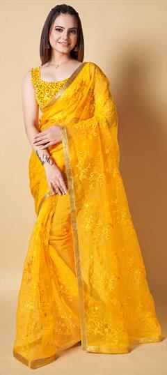 Festive, Party Wear, Traditional Yellow color Saree in Organza Silk fabric with South Embroidered, Sequence work : 1917049