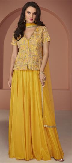 Festive, Party Wear, Wedding Yellow color Salwar Kameez in Georgette fabric with Embroidered, Resham, Thread work : 1917053