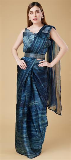 Designer, Party Wear, Wedding Blue color Readymade Saree in Organza Silk fabric with Classic Embroidered work : 1917080