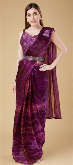 Designer, Party Wear, Wedding Purple and Violet color Readymade Saree in Organza Silk fabric with Classic Embroidered work : 1917083