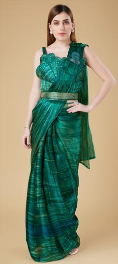 Designer, Party Wear, Wedding Green color Readymade Saree in Organza Silk fabric with Classic Embroidered work : 1917084