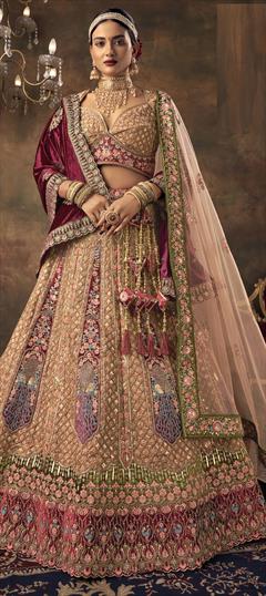 Bridal, Wedding Beige and Brown color Lehenga in Velvet fabric with Flared Embroidered, Resham, Sequence, Thread, Zari work : 1917087