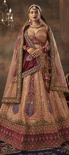 Bridal, Wedding Beige and Brown color Lehenga in Velvet fabric with Flared Embroidered, Resham, Sequence, Thread, Zari work : 1917089
