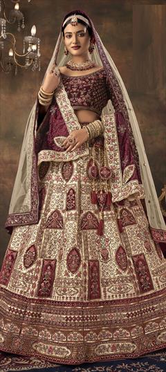 Bridal, Wedding Beige and Brown color Lehenga in Velvet fabric with Flared Embroidered, Resham, Sequence, Thread, Zari work : 1917095