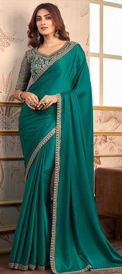 Reception, Wedding Green color Saree in Satin Silk fabric with South Embroidered, Resham, Sequence, Thread work : 1917250