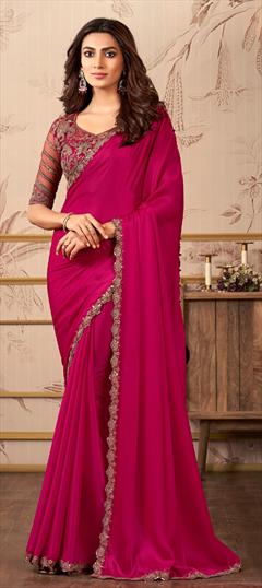 Reception, Wedding Pink and Majenta color Saree in Satin Silk fabric with South Embroidered, Resham, Sequence, Thread work : 1917252