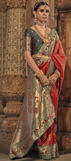 Bridal, Traditional, Wedding Red and Maroon color Saree in Banarasi Silk fabric with South Stone, Weaving, Zari work : 1917253