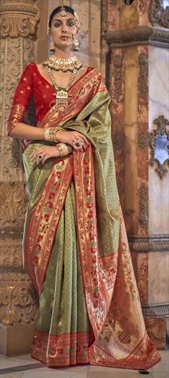Bridal, Traditional, Wedding Green color Saree in Banarasi Silk fabric with South Stone, Weaving, Zari work : 1917255