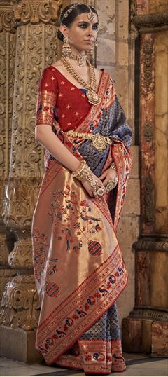 Bridal, Traditional, Wedding Blue color Saree in Banarasi Silk fabric with South Stone, Weaving, Zari work : 1917256