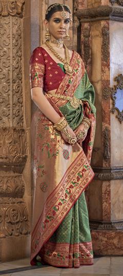 Bridal, Traditional, Wedding Green color Saree in Banarasi Silk fabric with South Stone, Weaving, Zari work : 1917258