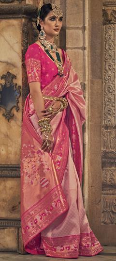 Bridal, Traditional, Wedding Pink and Majenta color Saree in Banarasi Silk fabric with South Stone, Weaving, Zari work : 1917260
