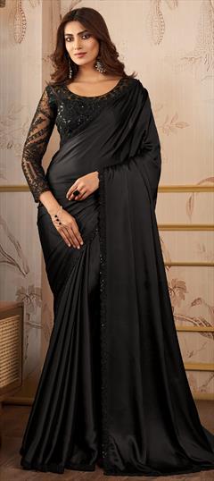 Reception, Wedding Black and Grey color Saree in Satin Silk fabric with South Embroidered, Resham, Sequence, Thread work : 1917264