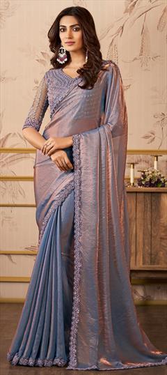 Reception, Wedding Beige and Brown, Blue color Saree in Silk fabric with South Embroidered, Resham, Sequence, Thread work : 1917265